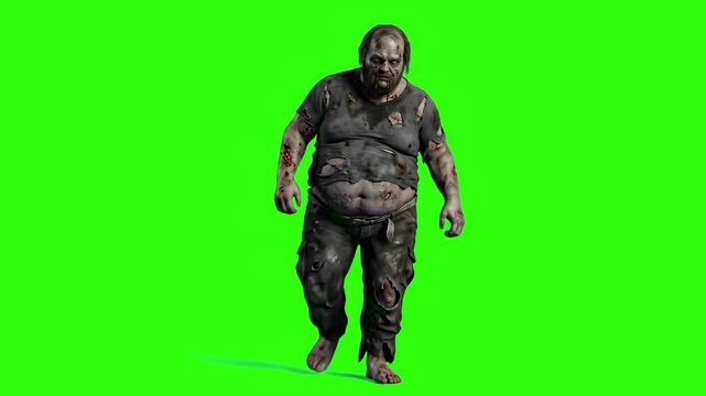 A creepy, bloated 3D zombie character walking forward isolated on a solid green chroma key background. Perfect for Halloween horror trailers, post-apocalyptic cinematic videos, zombie apocalypse scene