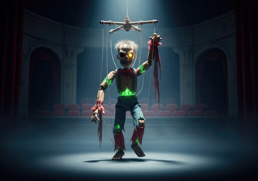 Terrifying undead marionettes with cracked wooden joints and torn clothing dangle from tangled strings inside a dark, misty theater room, nightmare, creepy, antique