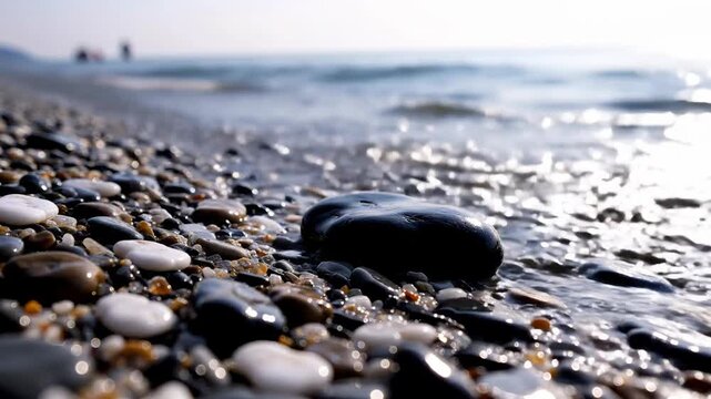 Smooth pebble beach with gentle waves and seaside relaxation
