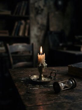 Burning candle in vintage brass holder and hourglass on a dark wooden table in a moody historical library with brass candlestick vintage books time passing research