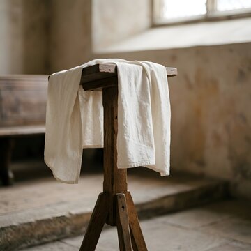 A rustic wooden stool draped with a white linen cloth standing inside an old stone building rustic furniture white fabric antique interior vintage decor old room