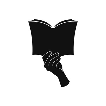 Minimalist book icon with hand, black silhouette of person reading, literature and education vector symbol for library or school
