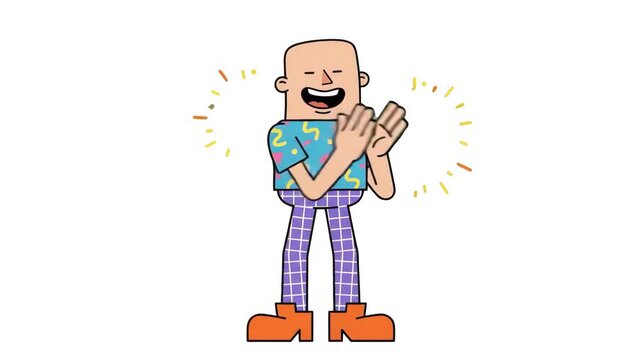 A cheerful cartoon man giving a enthusiastic round of applause and clapping hands isolated on a clean white background. Suitable for customer praise graphics, success concept banners, celebration anno