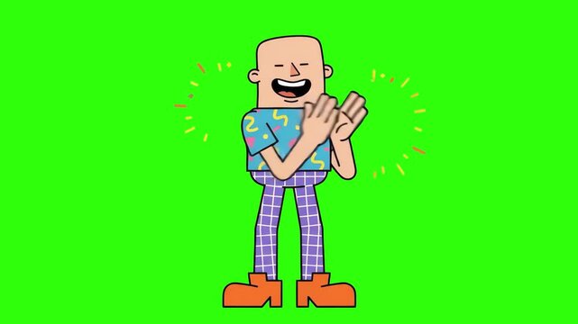 A stylized cartoon man character happily clapping his hands and cheering, giving a warm round of applause, isolated on a solid green chroma key background. Perfect for celebration videos, success anno