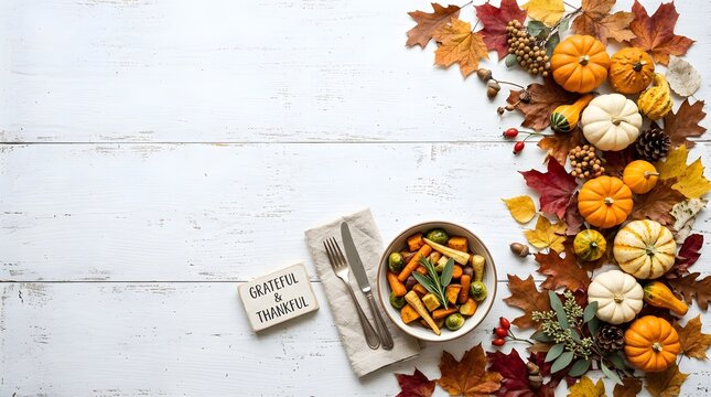 A beautifully arranged thanksgiving feast complete with vibrant autumn colors pumpkins and a delicious looking bowl of food creates a warm and inviting atmosphere