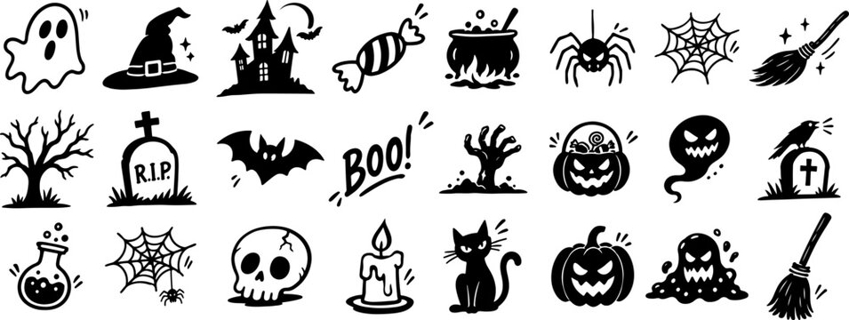 Hand Drawn Halloween Doodle Icon Set with Ghosts, Witches, Bats, Spiders, Pumpkins and Spooky Symbols