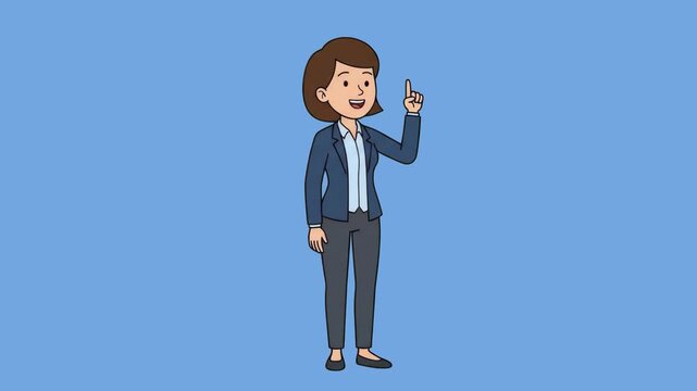 A professional 2D cartoon businesswoman in a dark suit pondering thoughtfully before suddenly pointing her finger up in an excited eureka idea moment, set against a solid blue studio backdrop. Perfect