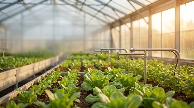 Greenhouse with automatic drip irrigation growing fresh green vegetables. Useful for smart farming, agrotech, sustainable agriculture, food business and healthy food production.