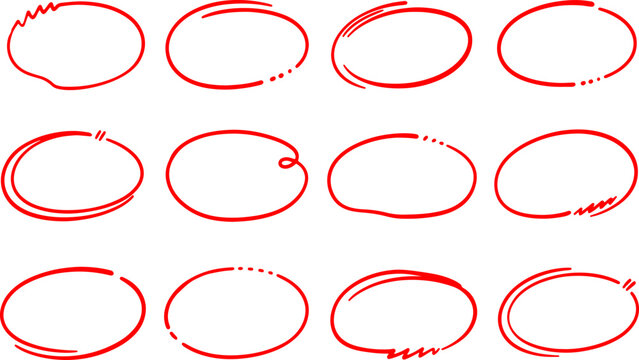 Set of Red Hand Drawn Oval and Circle Outline Frames with Sketchy Doodle Style