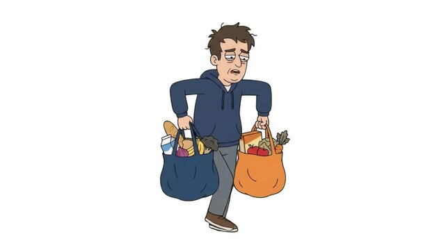 A 2D animated man walking slumped over while carrying heavy grocery bags packed with produce, isolated on a clean white background. Designed for home delivery service ads, errand app marketing, superm