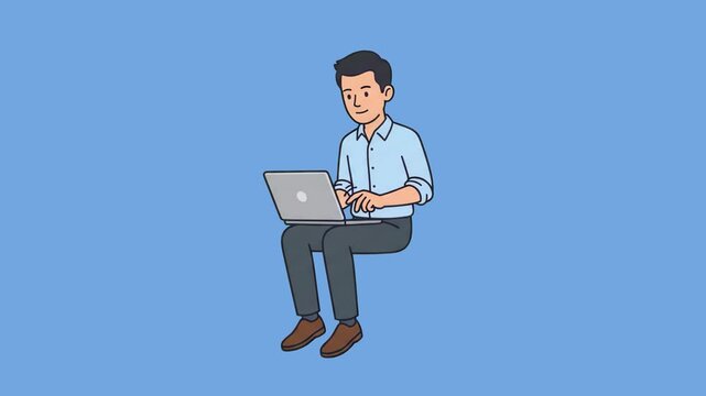 A cartoon man sitting down and working on a laptop computer isolated on a light blue background. Suitable for corporate presentation graphics, co-working space marketing, e-learning materials, and bus