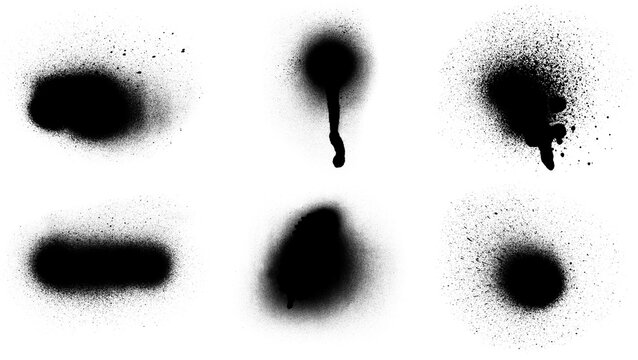 Set of black spray paint ink splatters and blobs created with a graffiti aerosol can for artistic urban design and distressed texture effects