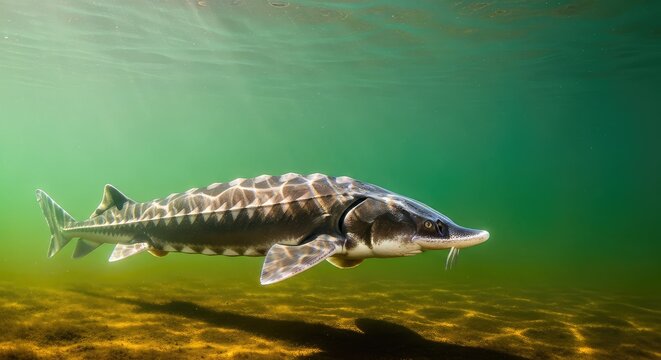 A large ancient sturgeon glides through the murky river water, its bony plates visible along its side while moving near the silty bottom, habitat, environment, fish