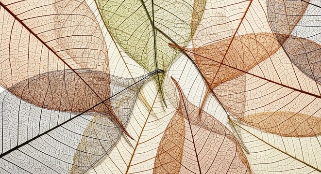 Colorful skeleton leaves with veins pattern in a decorative overlapping arrangement