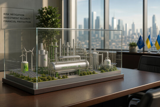 Professional miniature architectural model of modern green hydrogen energy plant in glass case on executive desk highlighting war risk insurance risk mitigation Ukraine recovery investment security