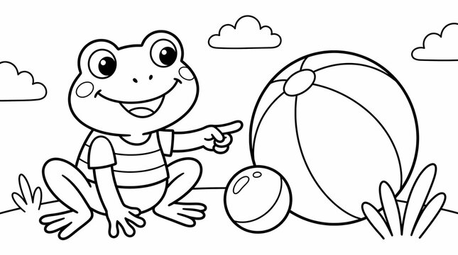 Cute cartoon frog in a striped shirt pointing at beach balls outdoors coloring page illustration.