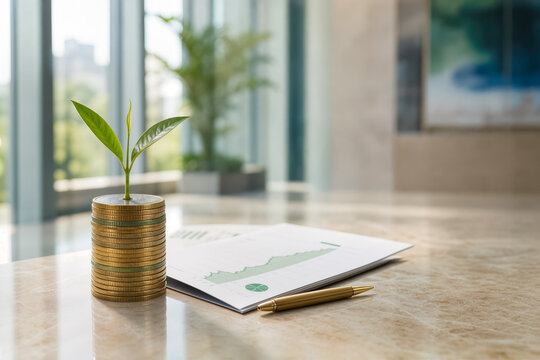 G7 summit sustainable finance concept stack of sovereign bonds coins with green sprout and financial document depicting climate finance and green infrastructure investment resilience