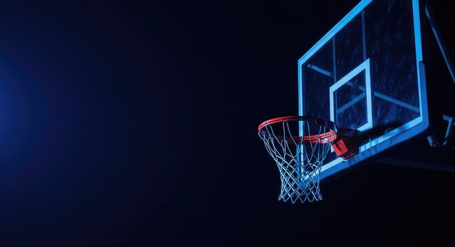 A professional basketball court glows under neon blue lighting at night, highlighting the net and the backboard against a dark backdrop, arena, light, sport
