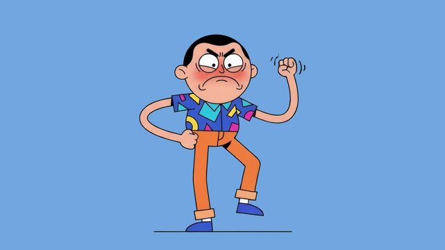 A stylized 2D cartoon man with red cheeks and a furious expression shaking his raised fist in anger, set against a solid blue studio backdrop. Perfect for conflict animations, emotional reaction clips