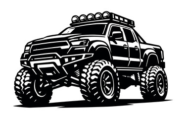 Aggressive lifted pickup truck with large tires and roof lights for off road adventures © Compositor 