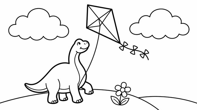 Friendly brachiosaurus flying a kite in a meadow for a children's coloring page activity.