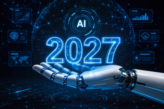 Futuristic robotic hand holding glowing 2027 with AI digital network display technology concept for 2027 AI advancements and future innovation visualization