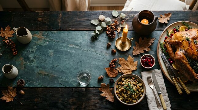 A beautifully arranged thanksgiving feast showcases a vibrant spread of traditional dishes creating a warm and inviting atmosphere for family and friends to gather