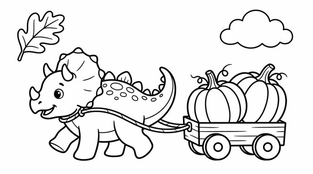 Cute triceratops pulling a pumpkin wagon for an autumn coloring page.