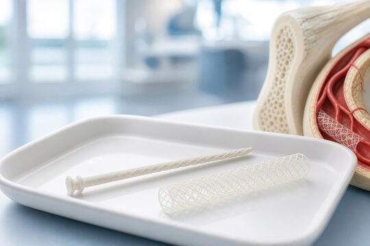 Bioabsorbable silk bone pin and biodegradable vascular stent on sterile surgical tray with abstract bone and vessel cross section signaling post surgery healing and implant innovation