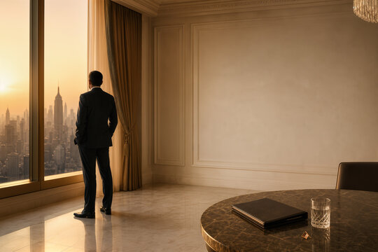 Diplomat in tailored suit overlooking misty city skyline from luxury hotel suite at golden hour with leather portfolio flag pin and crystal glass diplomatic security summit diplomacy