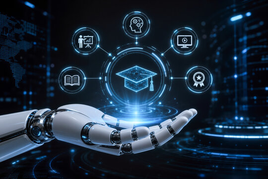 AI-Powered training services concept with robotic hand presenting digital graduation cap hologram futuristic technology e-learning automation corporate education platform