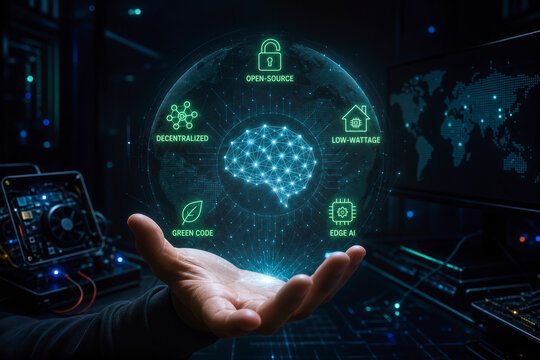 Open-Source Low-Wattage AI Rebellion foundation model presented in hand with holographic brain globe decentralized computing edge AI green code hardware hacking democratization