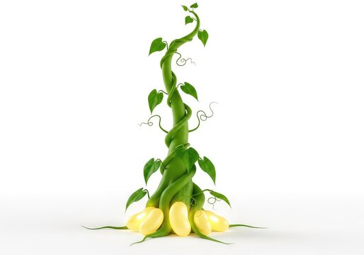 A thick green beanstalk spiraling upwards from glowing magic beans, isolated on a clean white background for creative fantasy storytelling, seedling, white, mythical
