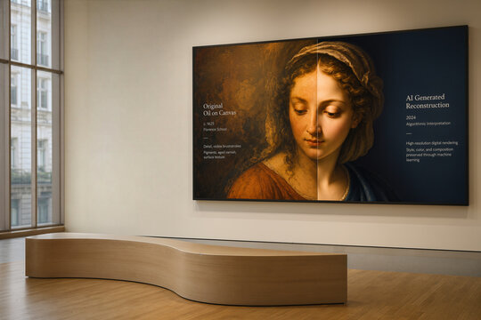 Museum gallery display with split composition original oil painting detail and AI generated reconstruction for digital heritage exhibition contemporary art technology