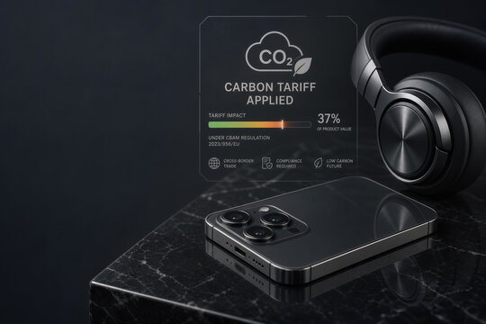 High-end smartphone and professional headphones on dark granite with CO2 carbon tariff applied digital overlay CBAM carbon tariff global trade sustainability regulation economics report image