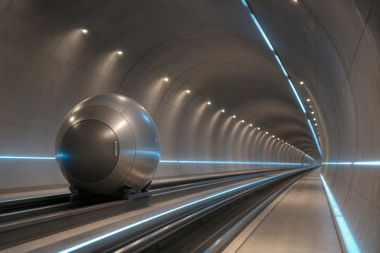 Sleek spherical automated freight capsule in illuminated underground tunnel on central track for pneumatic transit urban logistics and smart infrastructure innovation photography
