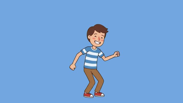 A joyful 2D animated boy crouching and grooving to music in a striped t-shirt, presented against a solid blue studio background. Ideal for kids' entertainment promos, active lifestyle clips, youth edu