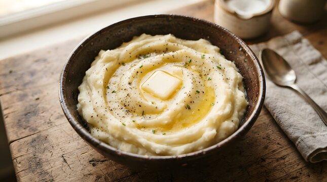 Creamy mashed potatoes in a rustic bowl with a pat of butter, black pepper, and chives on a wooden table