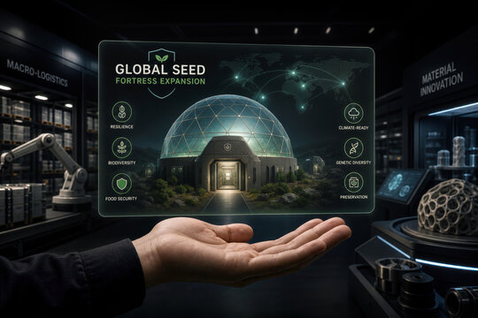 Global Seed Fortress Expansion presentation in hand showing climate-hardy seed banks localized genetic preservation program resilience biodiversity food security material innovation Macro-Logistics