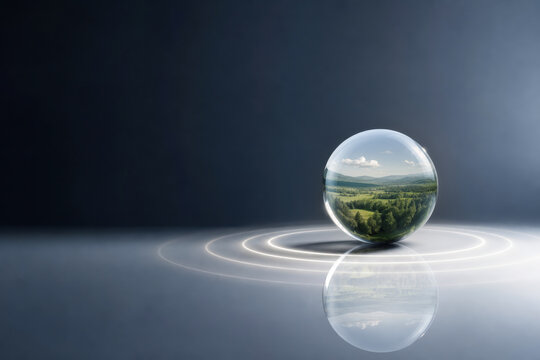 Glass sphere with green landscape and concentric glowing rings symbolizing Scope 4 emissions carbon accounting ESG reporting sustainability metrics and environmental accountability