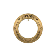 Naklejka premium Circular brass porthole window with rivets and locking hinge mechanism isolated on a transparent background