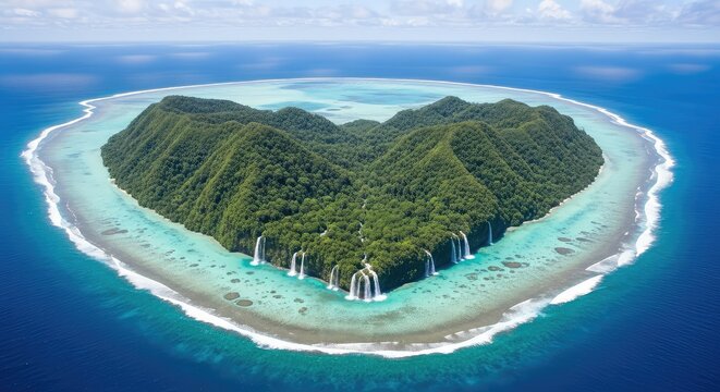 Aerial view of a heart-shaped coral atoll surrounded by turquoise ocean waters with dense green rainforests and majestic waterfalls flowing, stream, peaceful, environment