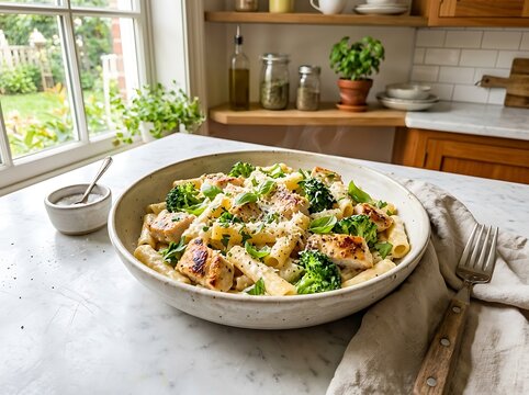 Healthy grilled chicken salad with fresh vegetables in a bowl on a bright kitchen table. chicken broccoli ziti