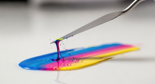 Close up view of a metal palette knife scraping vibrant ink from a smooth surface, capturing the artistic cleaning process in a workshop, paint, texture, blue
