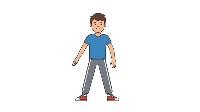 A 2D cartoon boy wearing a blue t-shirt and grey sweatpants doing physical warm up exercises and standing body stretch, isolated on a clean white background. Ideal for children's fitness guides, schoo