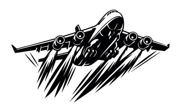 Powerful jet airplane taking off with dramatic exhaust flames and speed lines