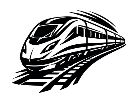 Modern high speed train in motion on railway tracks, black and white illustration