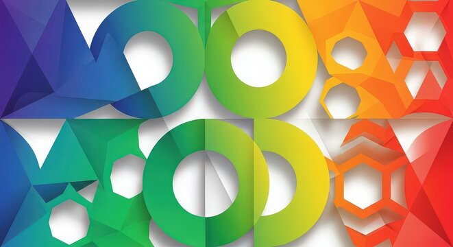 Colorful abstract geometric shapes and circles in rainbow gradient pattern, modern graphic design