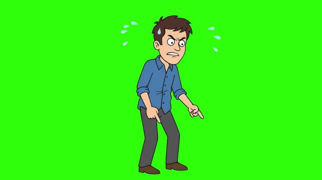 A 2D animated man shouting angrily with tears or sweat droplets flying off as he points both fingers downward, isolated against a bright chroma key green screen background. Designed for dramatic visua