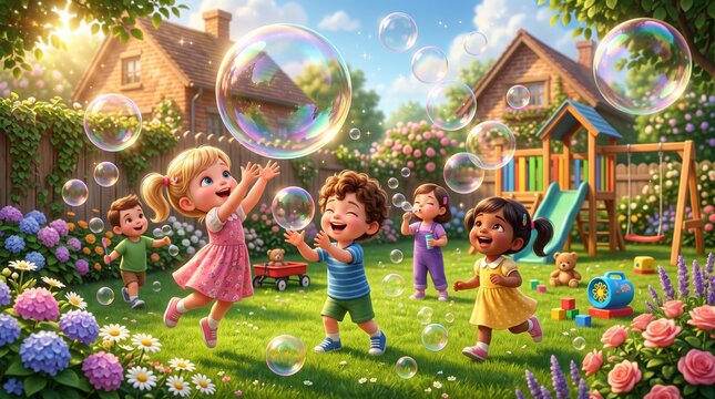 Happy diverse group of children playing with large soap bubbles in a sunny flower garden backyard with playground and houses background illustration